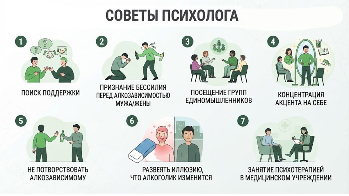 Инфографика с советами психолога для близких алкозависимых людей: поиск поддержки, посещение групп, психотерапия в клинике.