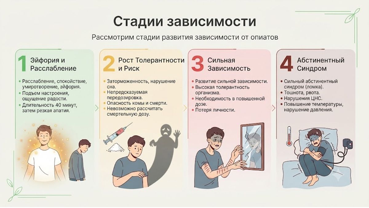 Инфографика: стадии развития опиатной зависимости от эйфории до абстинентного синдрома.